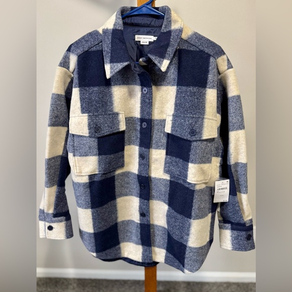 Good American Ink Blue and Cream Plaid Shacket Size XXS/XL Oversized NWT - Picture 1 of 6